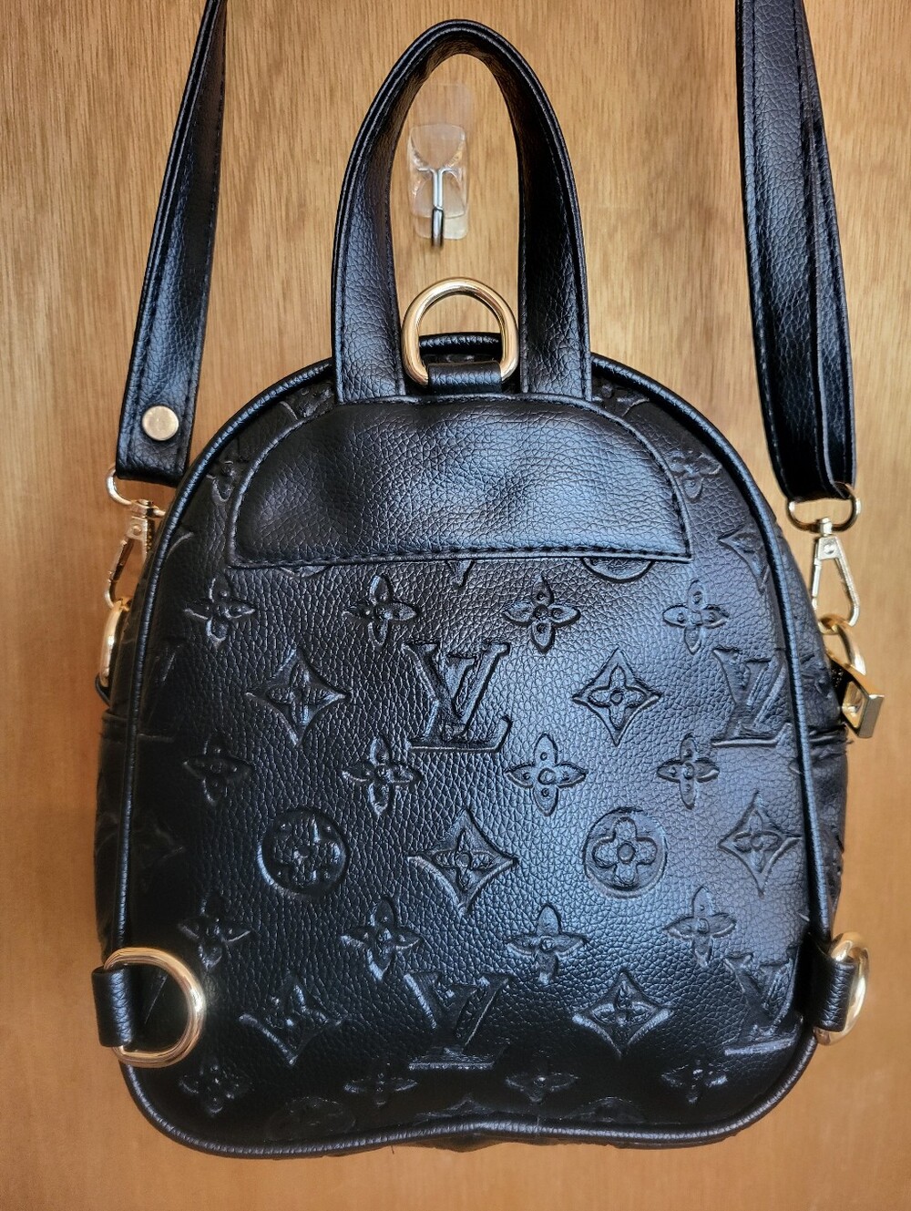 Designer Inspired Black Embossed Mini Backpack with Gold Hardware. - Picture 3 of 16